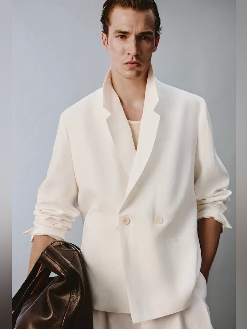 ZARA Men Off-White Linen Blend Double Breasted Blazer Jacket NWT Size 48 / US 38 - Picture 3 of 14
